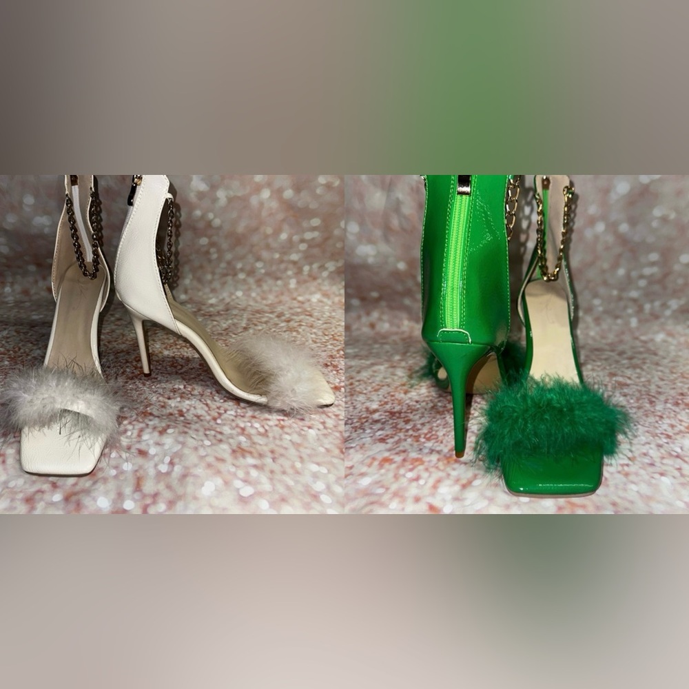 Green and Cream Stiletto Heels with Fur Detail Size 11